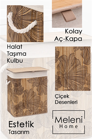 Desenli Bambu Katlanabilir Çamaşır Sepeti - Düzenleyici Sepet Katlanır Kirli Sepeti Dikdörtgen 60Lt