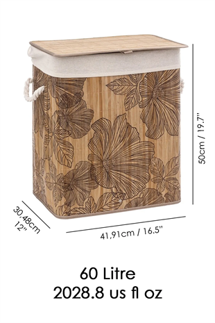 Desenli Bambu Katlanabilir Çamaşır Sepeti - Düzenleyici Sepet Katlanır Kirli Sepeti Dikdörtgen 60Lt