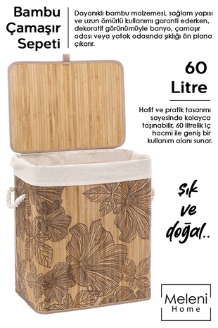 Desenli Bambu Katlanabilir Çamaşır Sepeti - Düzenleyici Sepet Katlanır Kirli Sepeti Dikdörtgen 60Lt