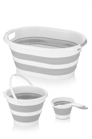 Keçe 2 Gözlü Çamaşır Sepeti Gri 53x33x60cm-25Lt Katlanır Çamaşır Selesi-Su Kovası-Maşrapa 4lü Set