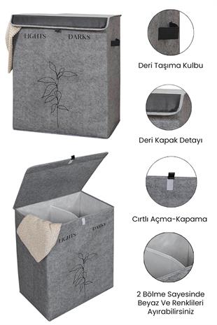 Keçe Deri 2 Bölmeli Çamaşır Kirli Sepeti Çok Amaçlı Katlanır Oyuncak Saklama Hurcu Gri 53x33x60 cm
