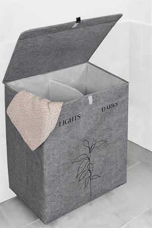 Keçe Deri 2 Bölmeli Çamaşır Kirli Sepeti Çok Amaçlı Katlanır Oyuncak Saklama Hurcu Gri 53x33x60 cm