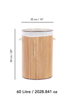 Naturel Yuvarlak Kirli Çamaşır Sepeti - Bambu Katlanabilir Çamaşır Sepeti Sele 35x50 cm 60 Lt Bej