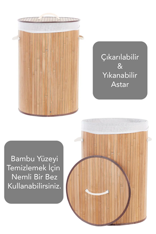 Naturel Yuvarlak Kirli Çamaşır Sepeti - Bambu Katlanabilir Çamaşır Sepeti Sele 35x50 cm 60 Lt Bej