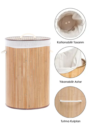 Naturel Yuvarlak Kirli Çamaşır Sepeti - Bambu Katlanabilir Çamaşır Sepeti Sele 35x50 cm 60 Lt Bej