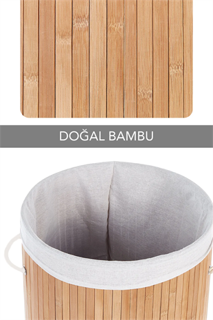Naturel Yuvarlak Kirli Çamaşır Sepeti - Bambu Katlanabilir Çamaşır Sepeti Sele 35x50 cm 60 Lt Bej
