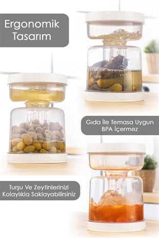 Süzgeçli Sızdırmaz Zeytinlik Çevir Kullan Turşuluk Saklama Kabı 1,5 Lt Şeffaf