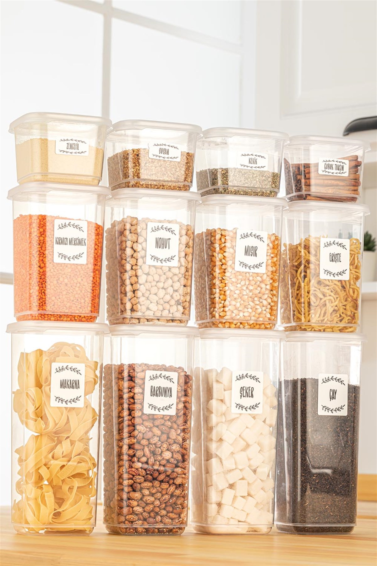 12'li Bonny Etiketli Kapaklı Kare Erzak Saklama Kabı Seti 4x(0,5 Lt-1,1 Lt-1,7 Lt) Vakum Kapaklı