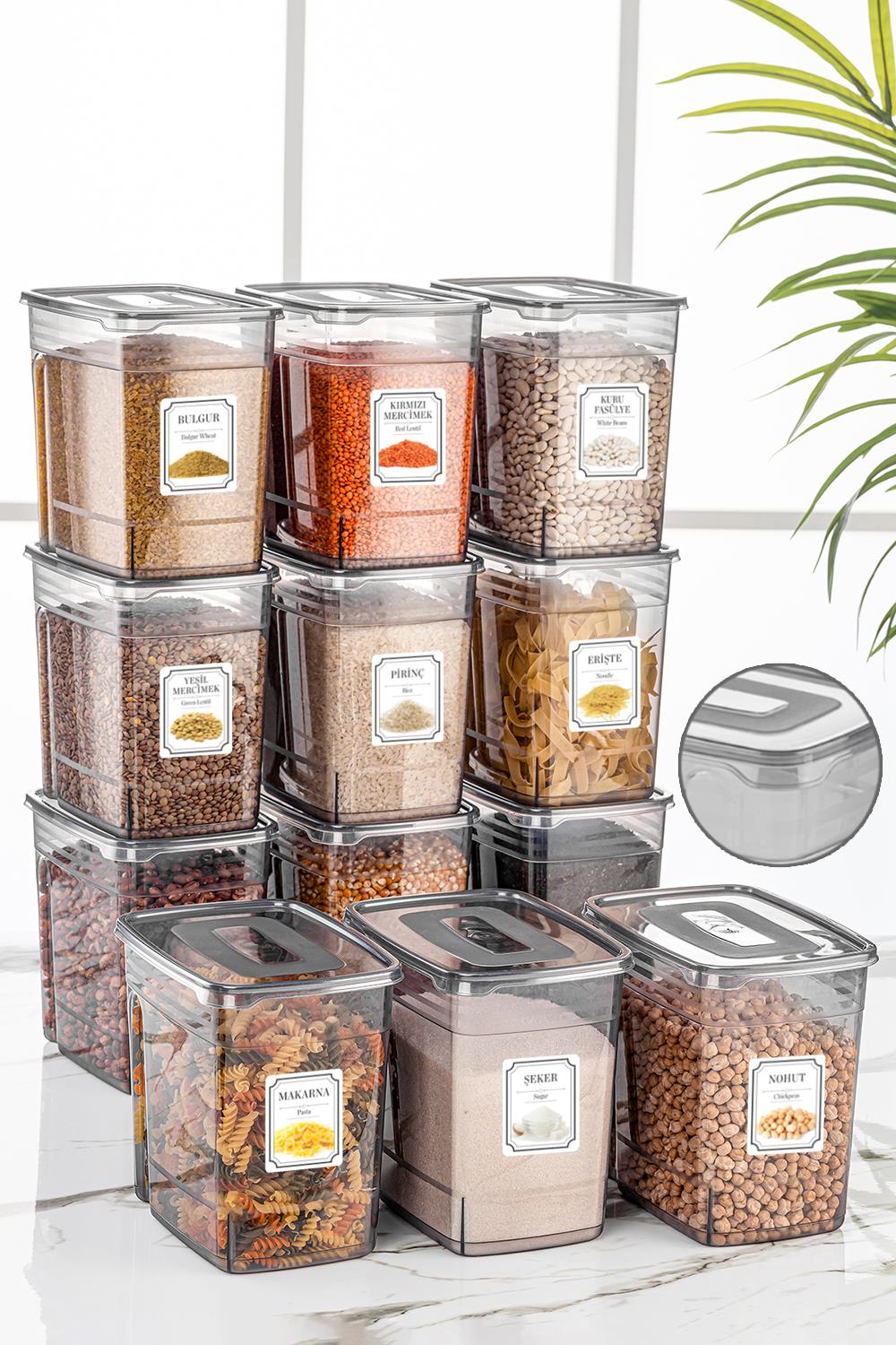 12'li Mega Set - Lena Etiketli Erzak Saklama Kabı - Kiler Dolap Düzenleyici Bakliyat Kabı 12x3,5 Lt