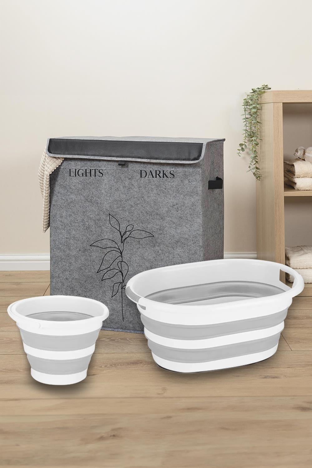 2 Gözlü Çamaşır Sepeti Çok Amaçlı Hurç Gri 53x33x60cm-25lt Katlanır Çamaşır Selesi 6lt Kova 3'lü Set