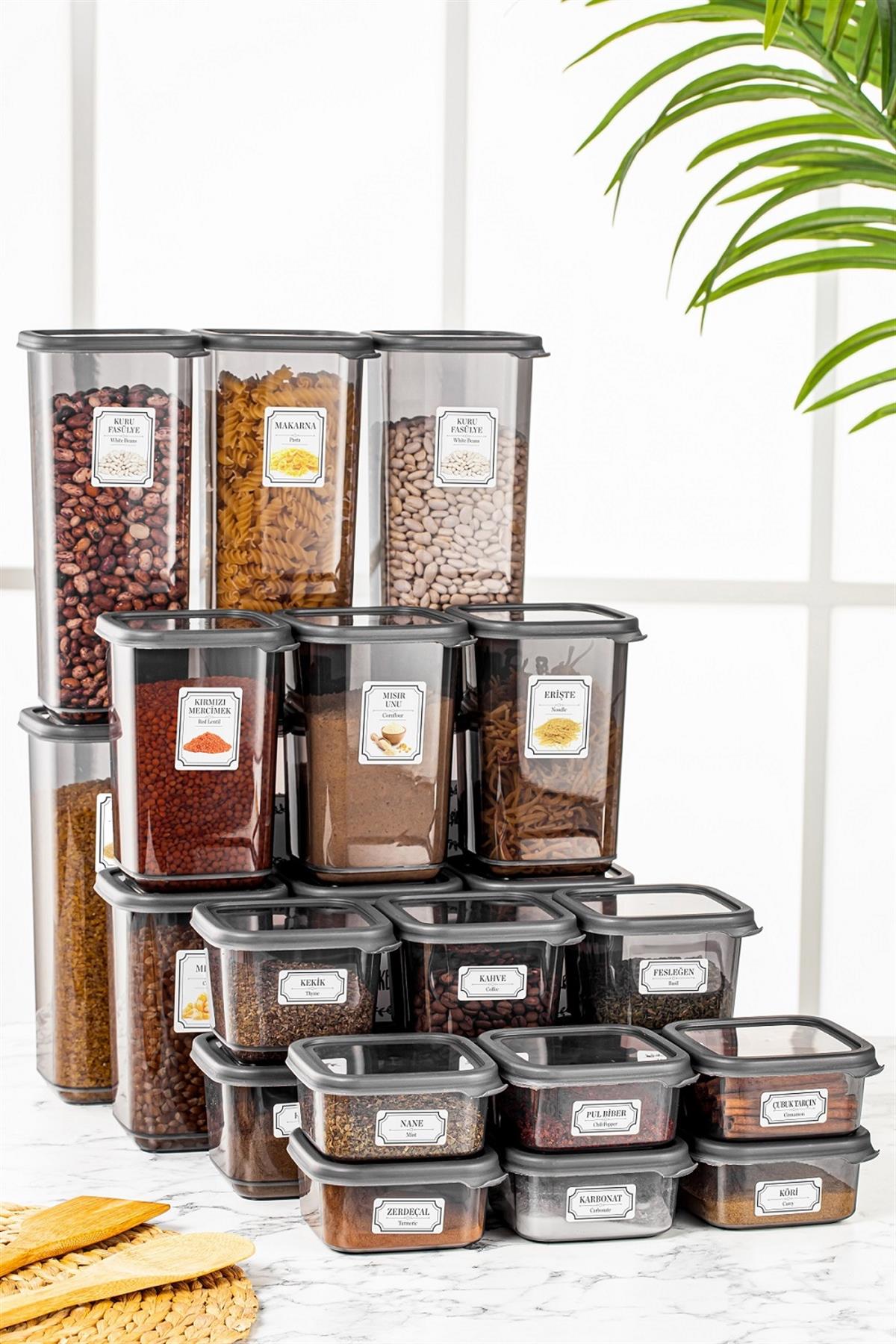 24 Parça Etiketli Kare Erzak Saklama Kabı - Bakliyat Kabı 6x(300-500-1100-1700 ml)