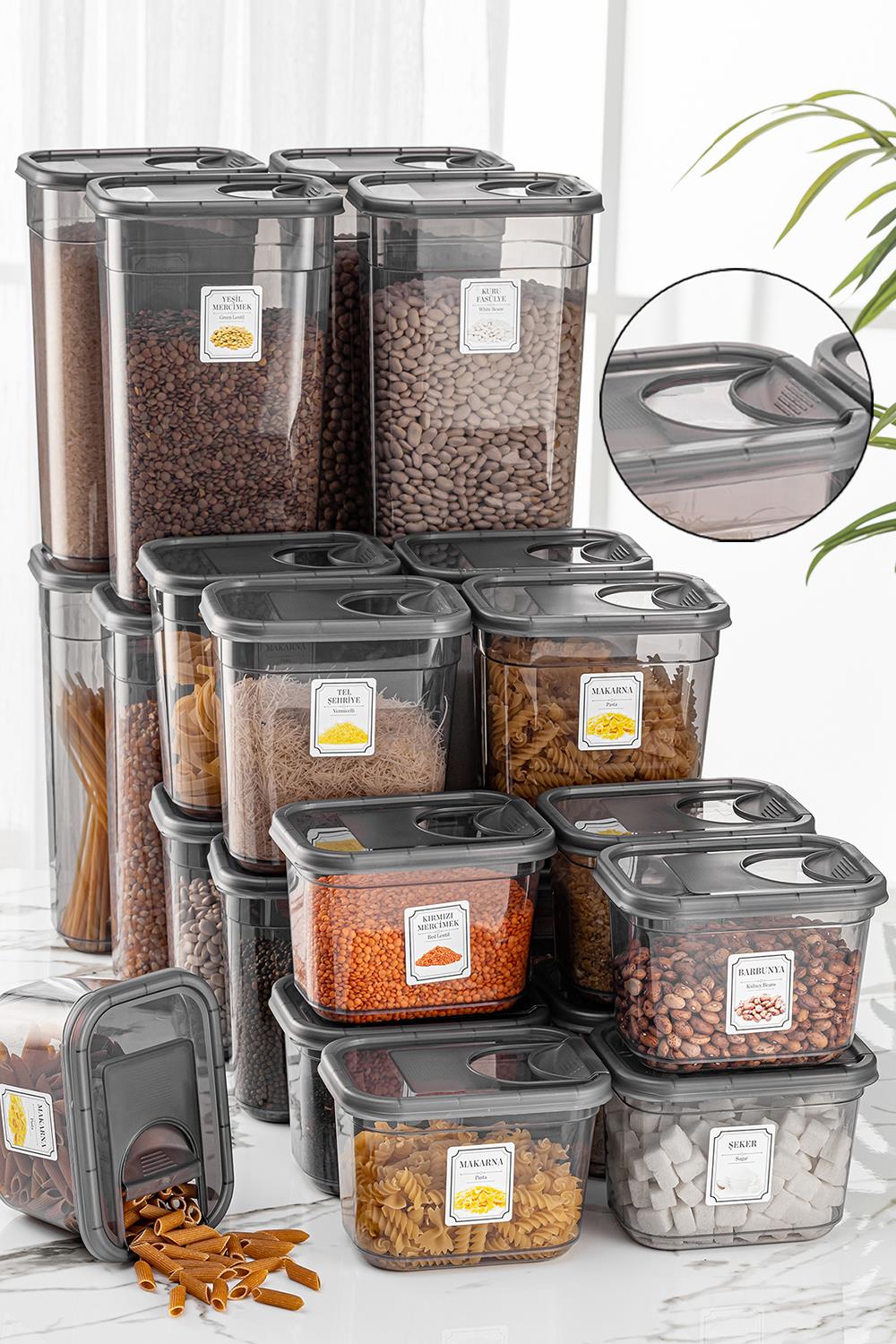 24'lü Etiketli Sürgülü Kapaklı Erzak Saklama Kabı Dikdörtgen Mega Set Kavanoz 8x(1,3 Lt-2 Lt-3,2 Lt)