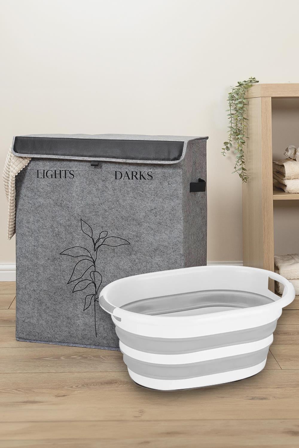 2Bölmeli Çamaşır Sepeti Çok Amaçlı Saklama Hurç Gri 53x33x60cm-25Lt Katlanır Çamaşır Selesi 2'li Set