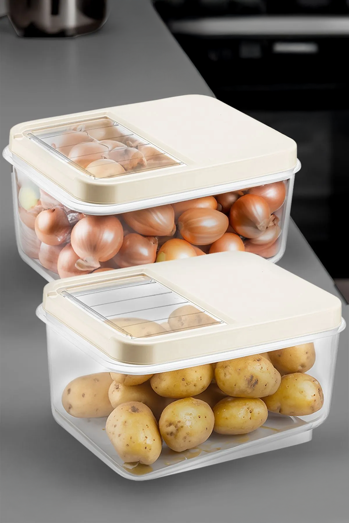 2'li 16 Litre Sürgülü Kapak Sebzelik - Patates Soğan Sebze Saklama Kabı Erzak Saklama Kabı Krem