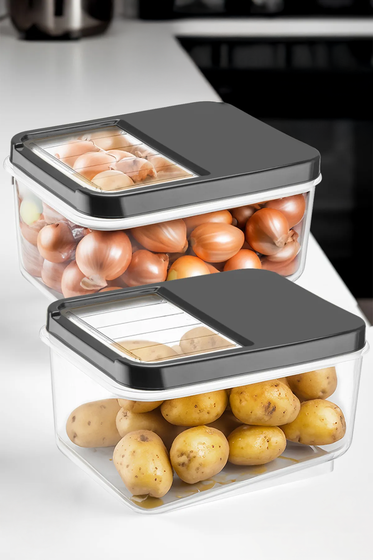2'li 16 Litre Sürgülü Kapak Sebzelik - Patates Soğan Saklama Kabı Erzak Saklama Kabı Antrasit