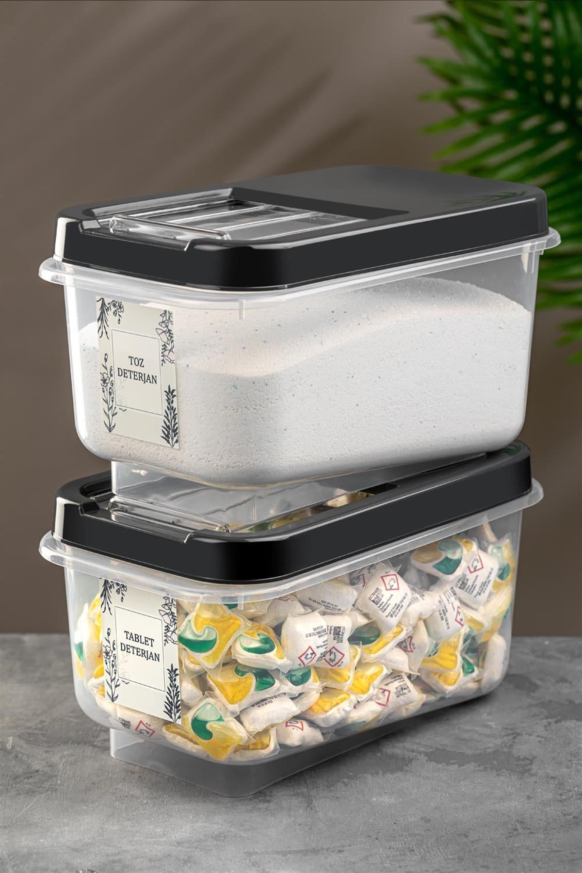 2'li 7,5 Lt Kayar Kapaklı Tablet Deterjan Saklama Kutusu - Etiketli Deterjan Saklama Kabı 