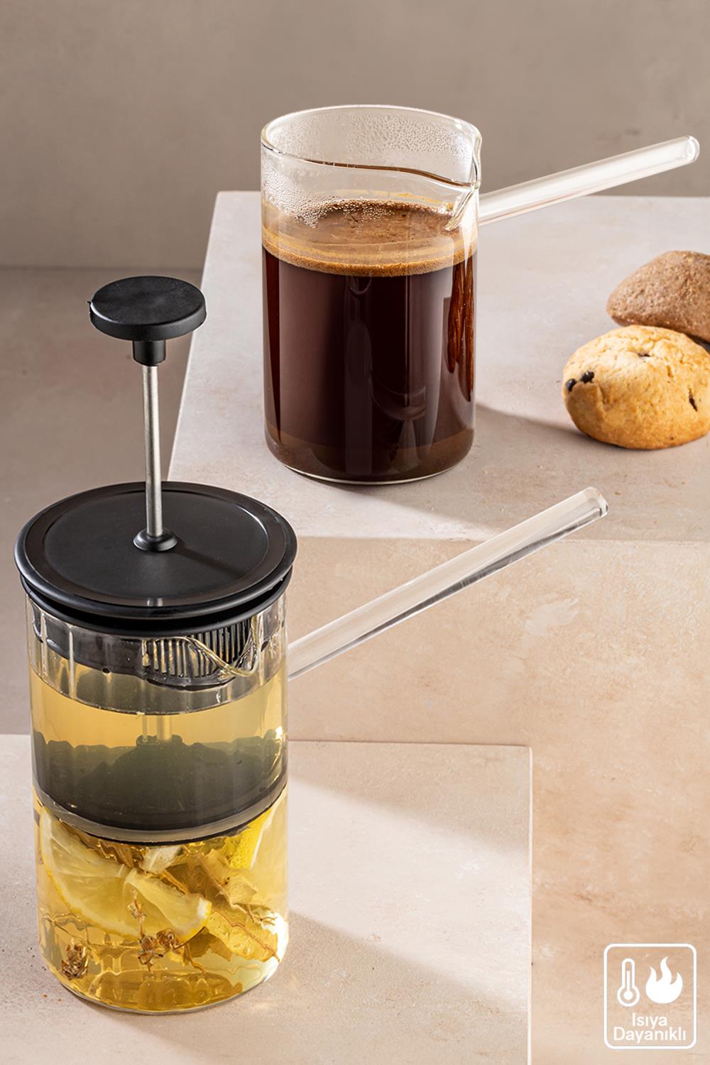 2'li Set Ateşe Dayanıklı Borosilikat Cam Bitki Çayı Filtre Kahve Frenchpress Cezve Takımı