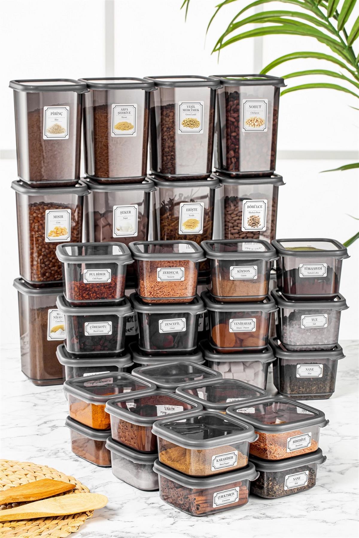 36'lı Kare Bakliyat Saklama Kabı Etiketli Erzak Kabı Kahvaltılık Baharatlık 12x(300-500-1100 ml)