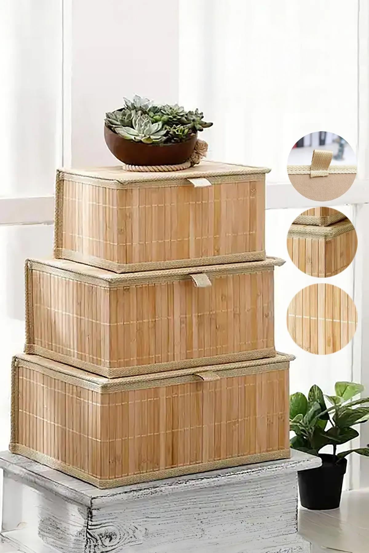 3'lü Kapaklı Dekoratif Bambu Saklama Kutusu - Çok Amaçlı Organizer - Naturel Bambu Sepet Seti