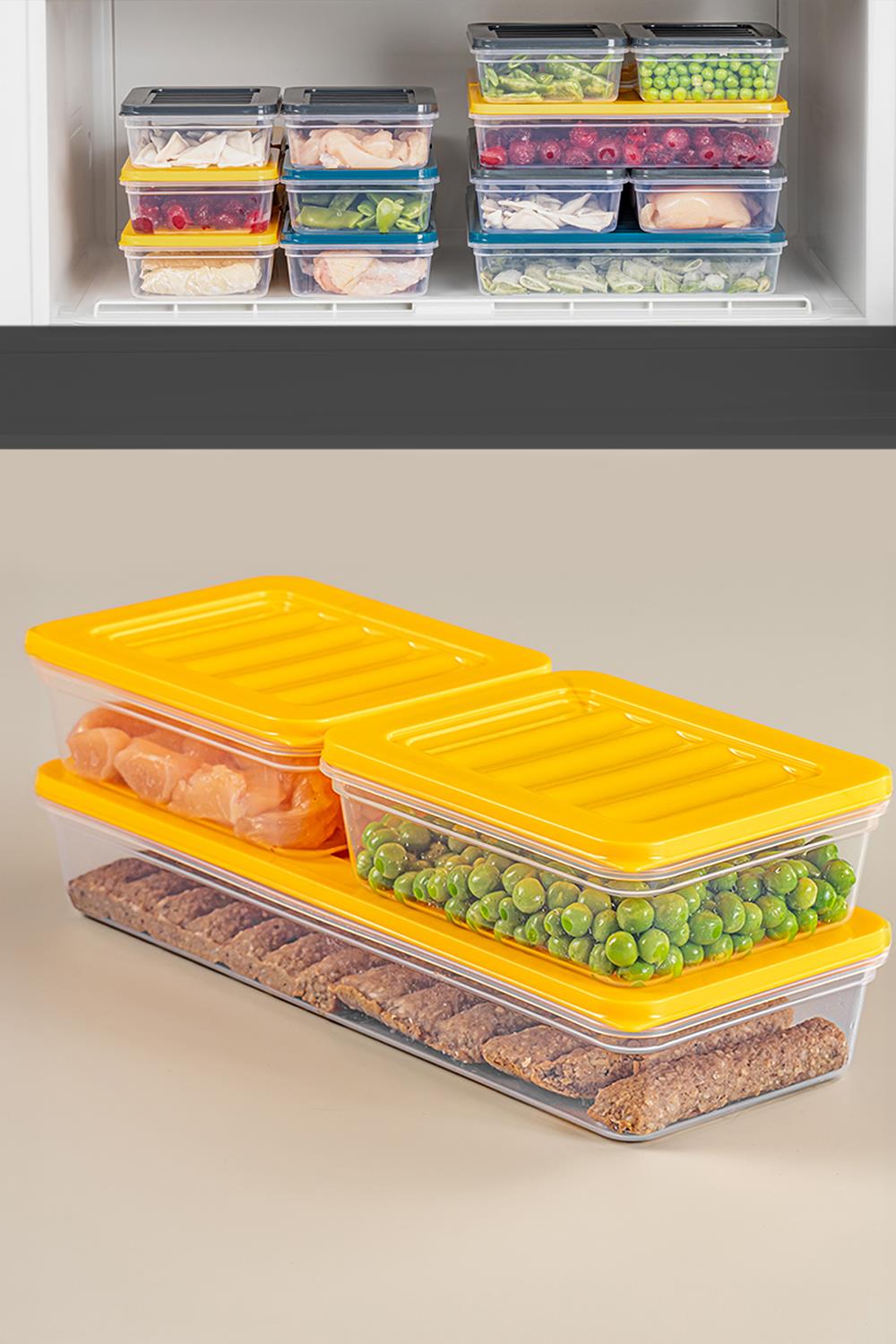 3'lü Saklama Kabı , Mikrodalga Uyumlu Erzak Saklama Kabı Sarı 1 X 1170ml - 2 X 600ml