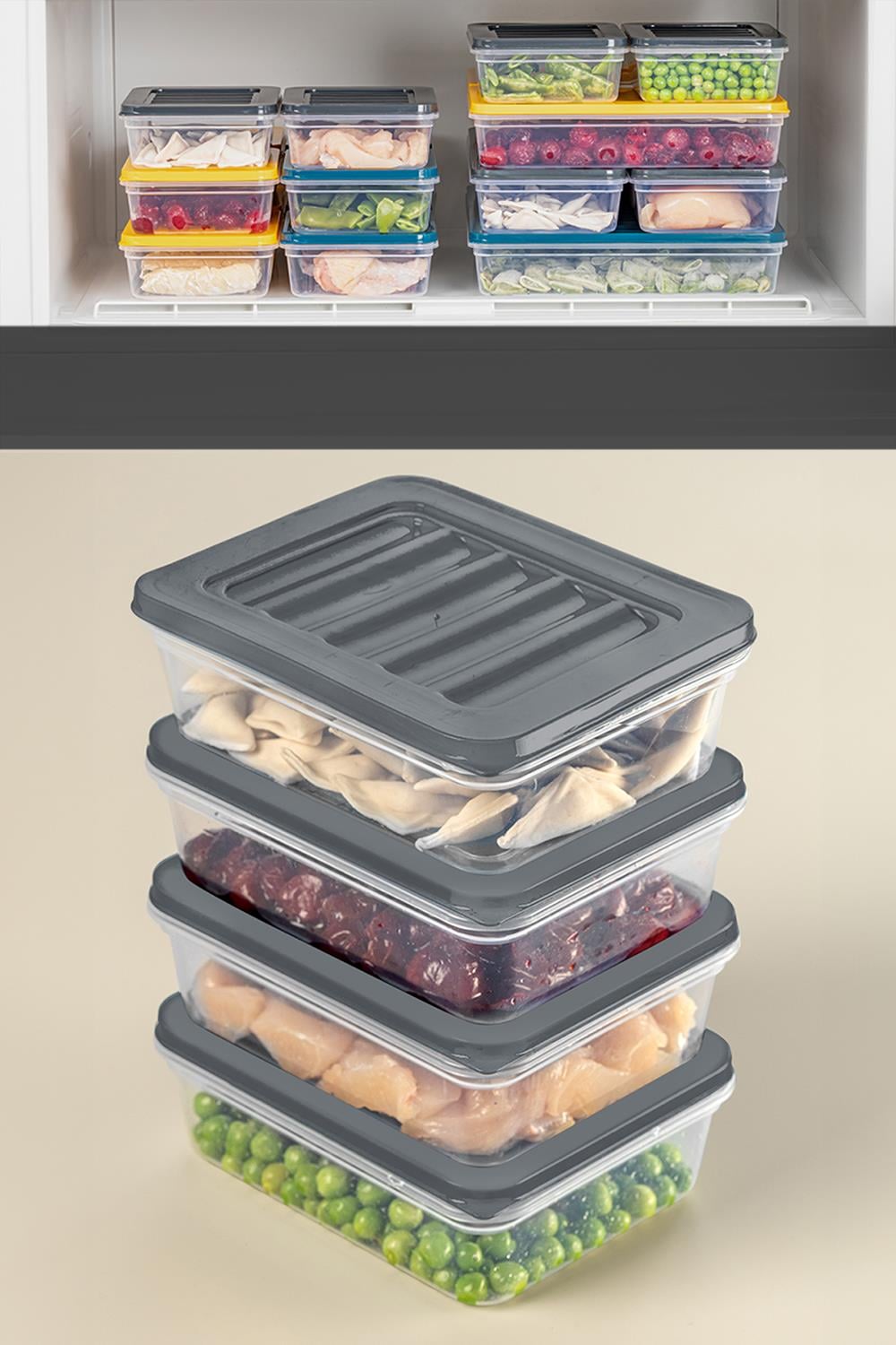 4'lü Buzdolabı Organizer Mikrodalga Ve Difrize Uygun Saklama Kabı Antrasit 4 X 600 ml