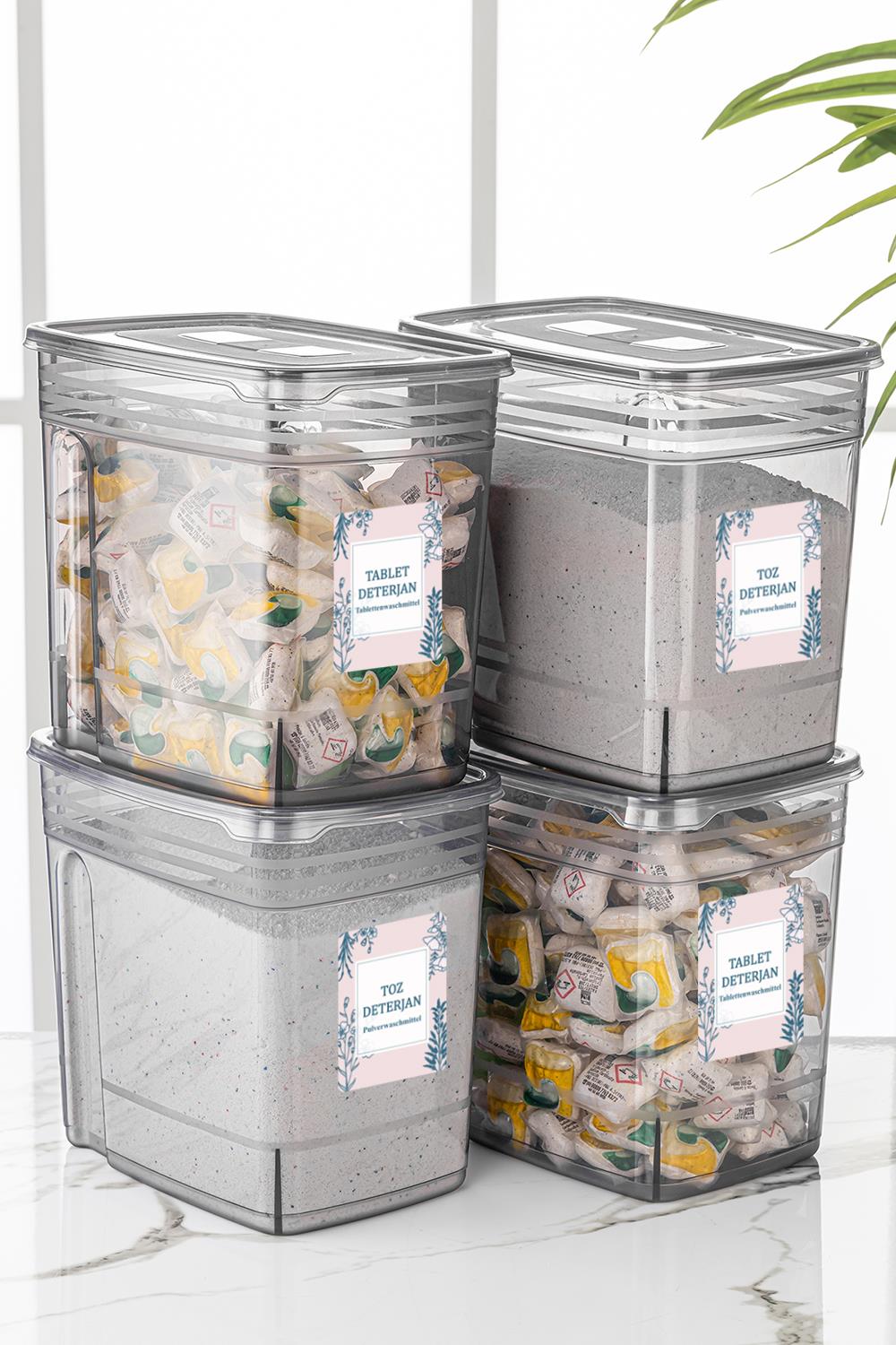 4'lü Set - Lena Jumbo Toz ve Tablet Deterjan Saklama Kabı - Kapaklı Çok Amaçlı Saklama Kutusu 4x5,5 Lt