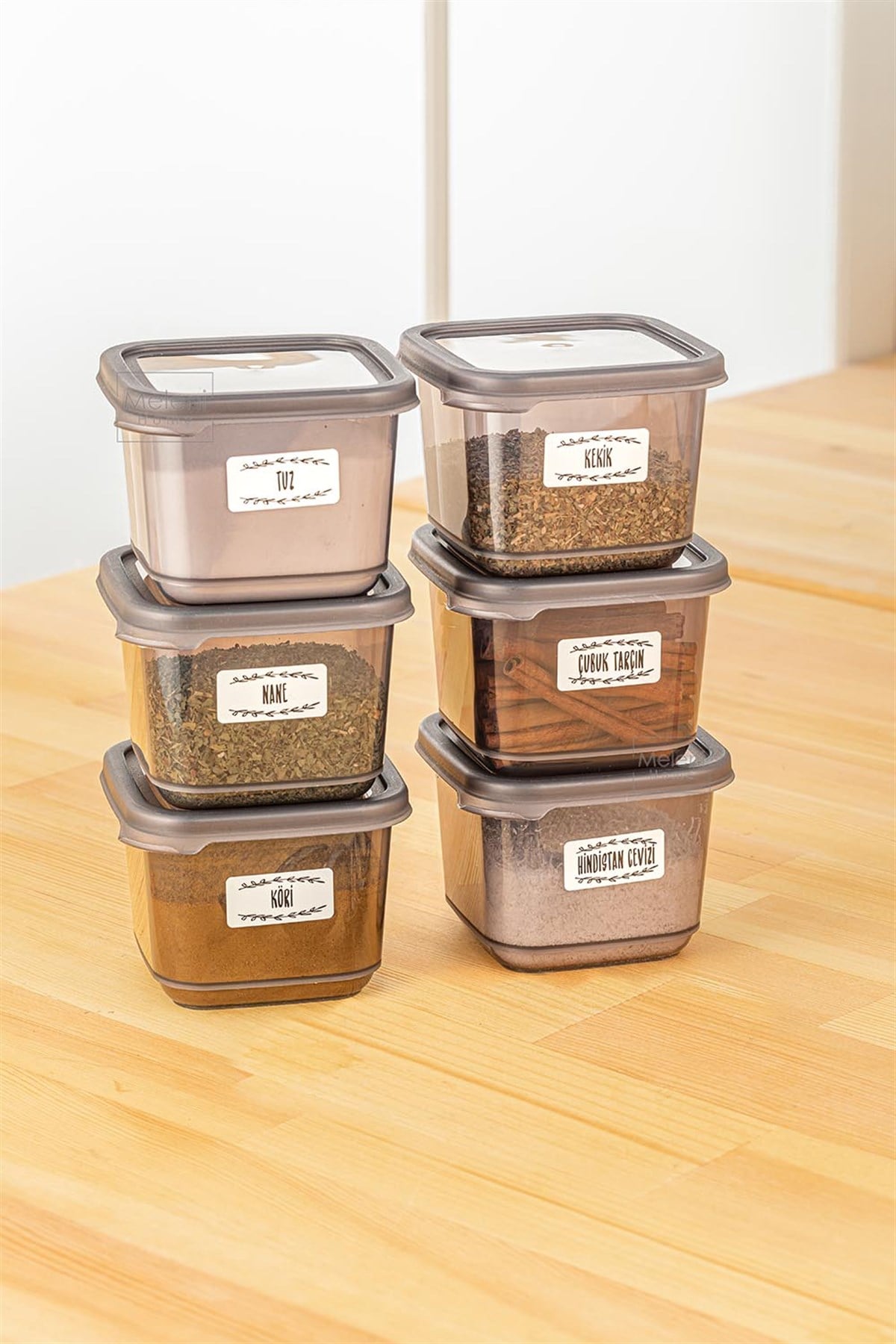 6'lı Set Baharatlık - Etiketli Kare Baharat Saklama Kabı Seti Antrasit 500 ml