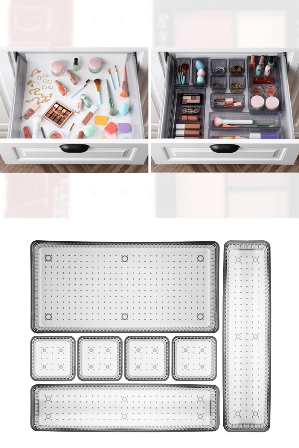 7 Parça Çekmece İçi Akseuar Düzenleyici Set - Modüler Makyaj Organizer Siyah