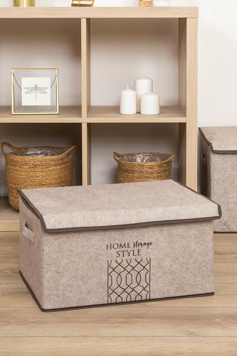 Çok Amaçlı Keçe Kapaklı Katlanır Maxi Kutu Giysi Oyuncak Organizeri Bej 47x37x24 cm