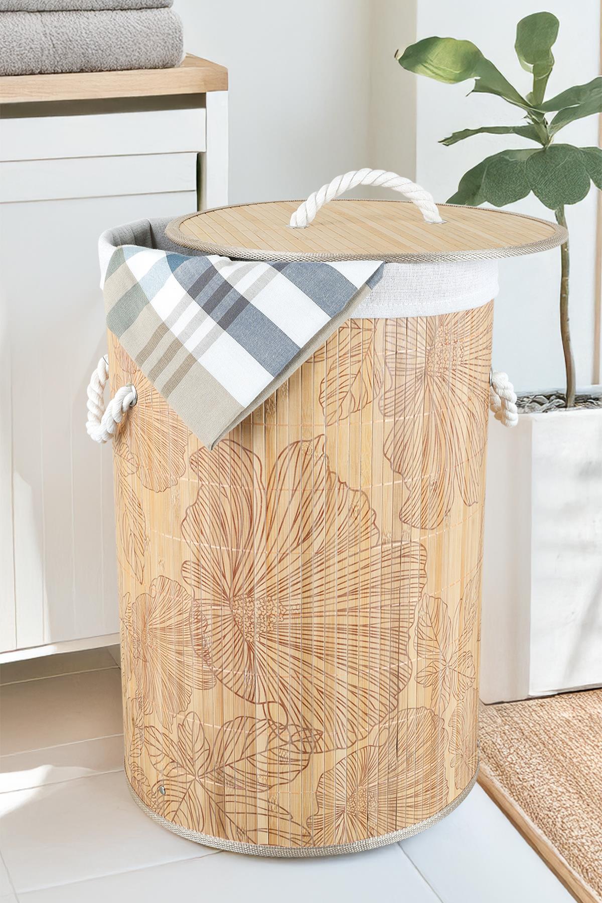 Desenli Bambu Katlanabilir Çamaşır Sepeti - Düzenleyici Sepet Katlanır Kirli Sepeti Yuvarlak 50 Lt