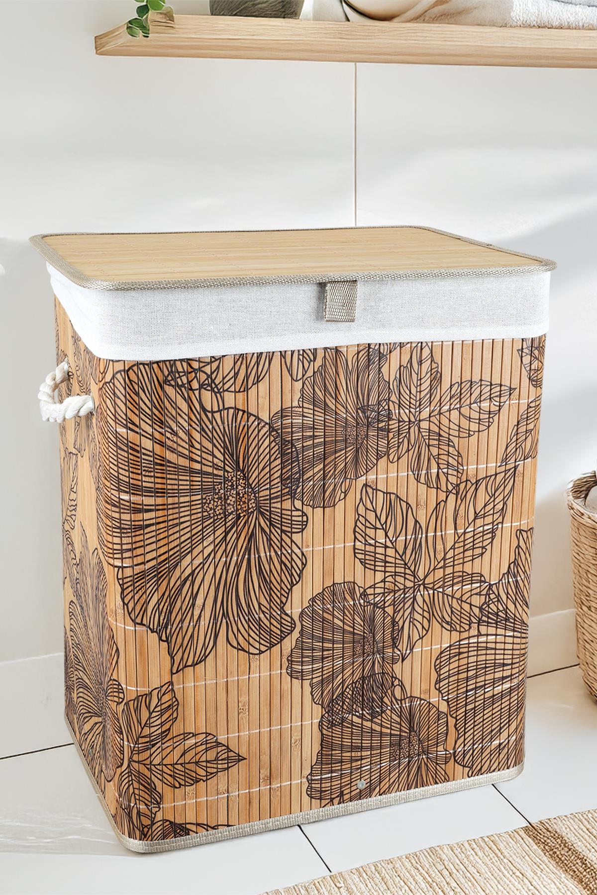 Desenli Bambu Katlanabilir Çamaşır Sepeti - Düzenleyici Sepet Katlanır Kirli Sepeti Dikdörtgen 60Lt