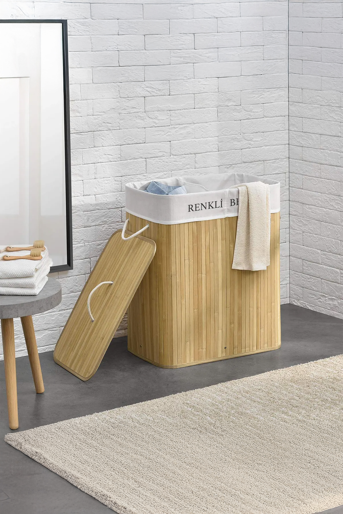 İki Bölmeli Bambu Naturel Çamaşır Sepeti - Mega Katlanabilir Çamaşır Sepeti 52x33x63 cm 100 Lt Bej