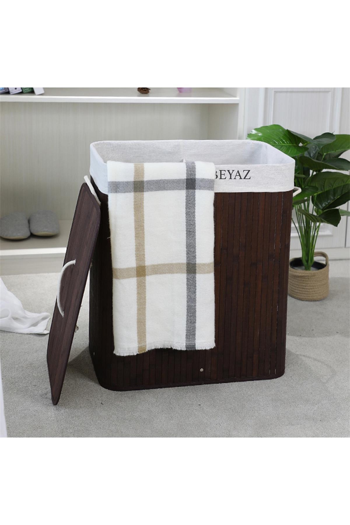 İki Bölmeli Bambu Naturel Çamaşır Sepeti - Mega Katlanabilir Çamaşır Sepeti 52x33x63 cm 100 Lt Kahve