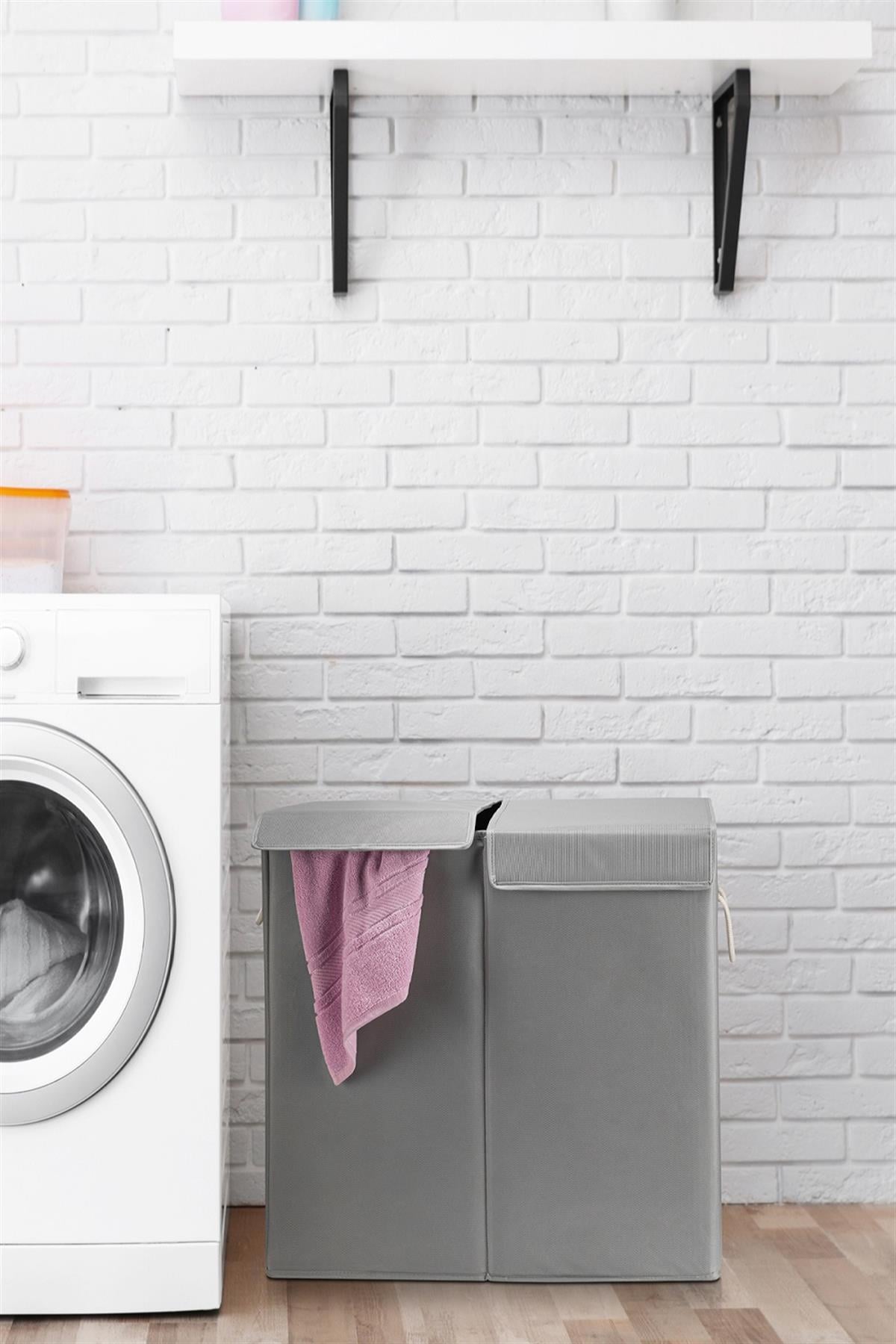 İki Bölmeli Mega Boy Çamaşır Sepeti - Kulplu Katlanır Banyo Kirli Çamaşır Sepeti 50 Lt + 50 Lt