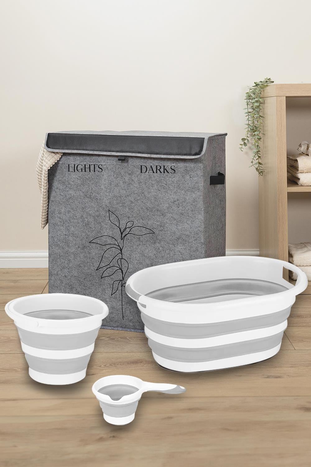 Keçe 2 Gözlü Çamaşır Sepeti Gri 53x33x60cm-25Lt Katlanır Çamaşır Selesi-Su Kovası-Maşrapa 4'lü Set