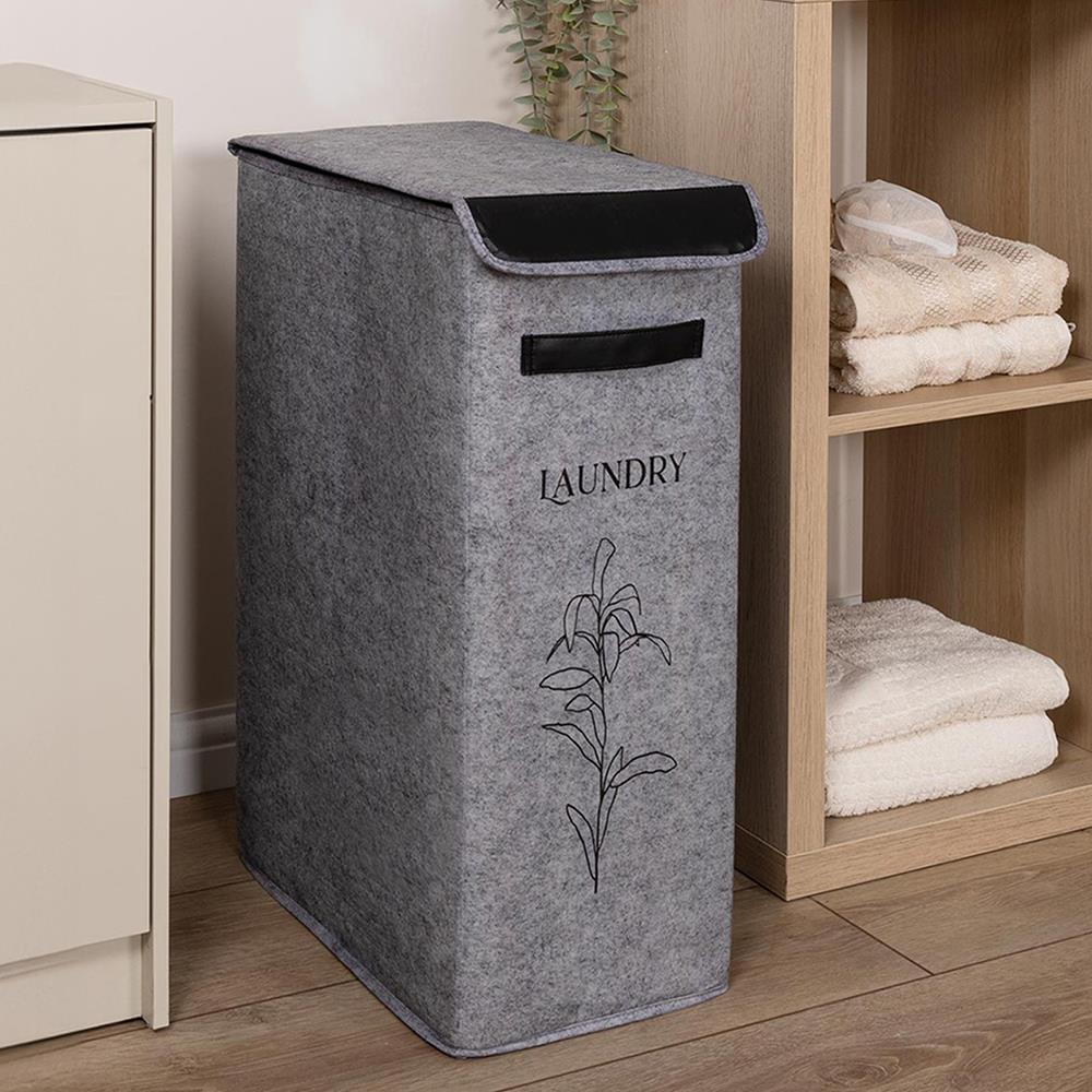 Keçe Kapaklı Kirli Çamaşır Sepeti Çok Amaçlı Organizer Katlanır Saklama Kutusu Gri 25x40x60cm