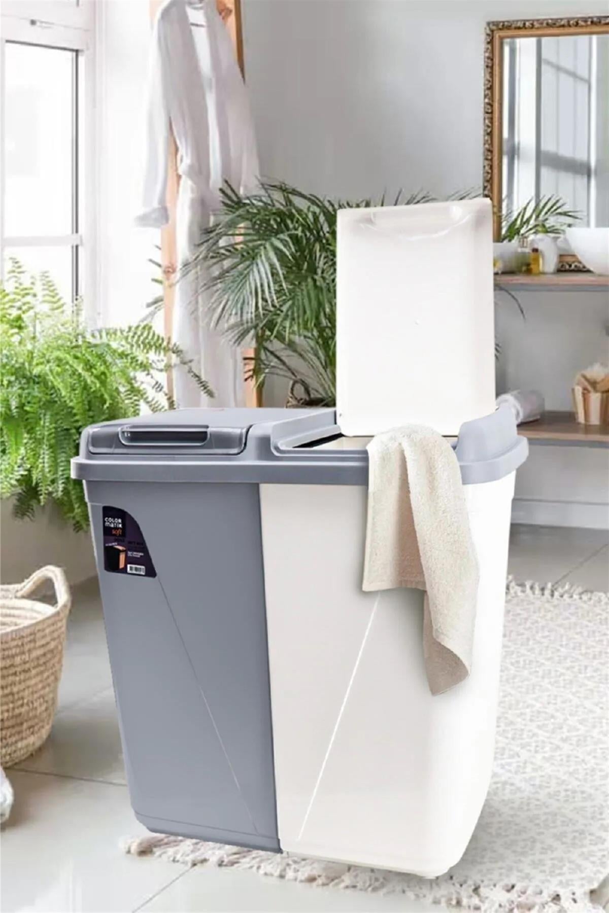 Mega Duo İki Bölmeli Kirli Çamaşır Sepeti - Banyo Çamaşır Sepeti Renkliler & Beyazlar 90 Lt