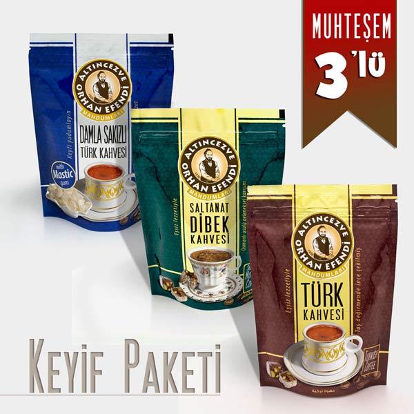 Orhan Efendi Keyif Paketi 3 | Damla Sakızlı – Dibek – Türk Kahvesi 100 Gr x 3 Adet