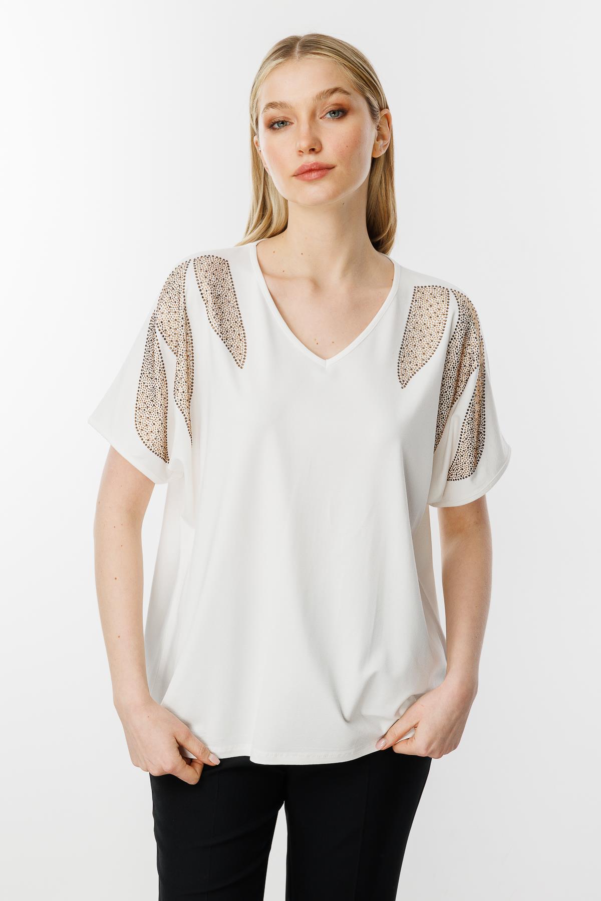 Mutlu Ertan Kadın Omuz Taşlı Kısa Kollu Bluz (26YSL8347) Ekru 30346