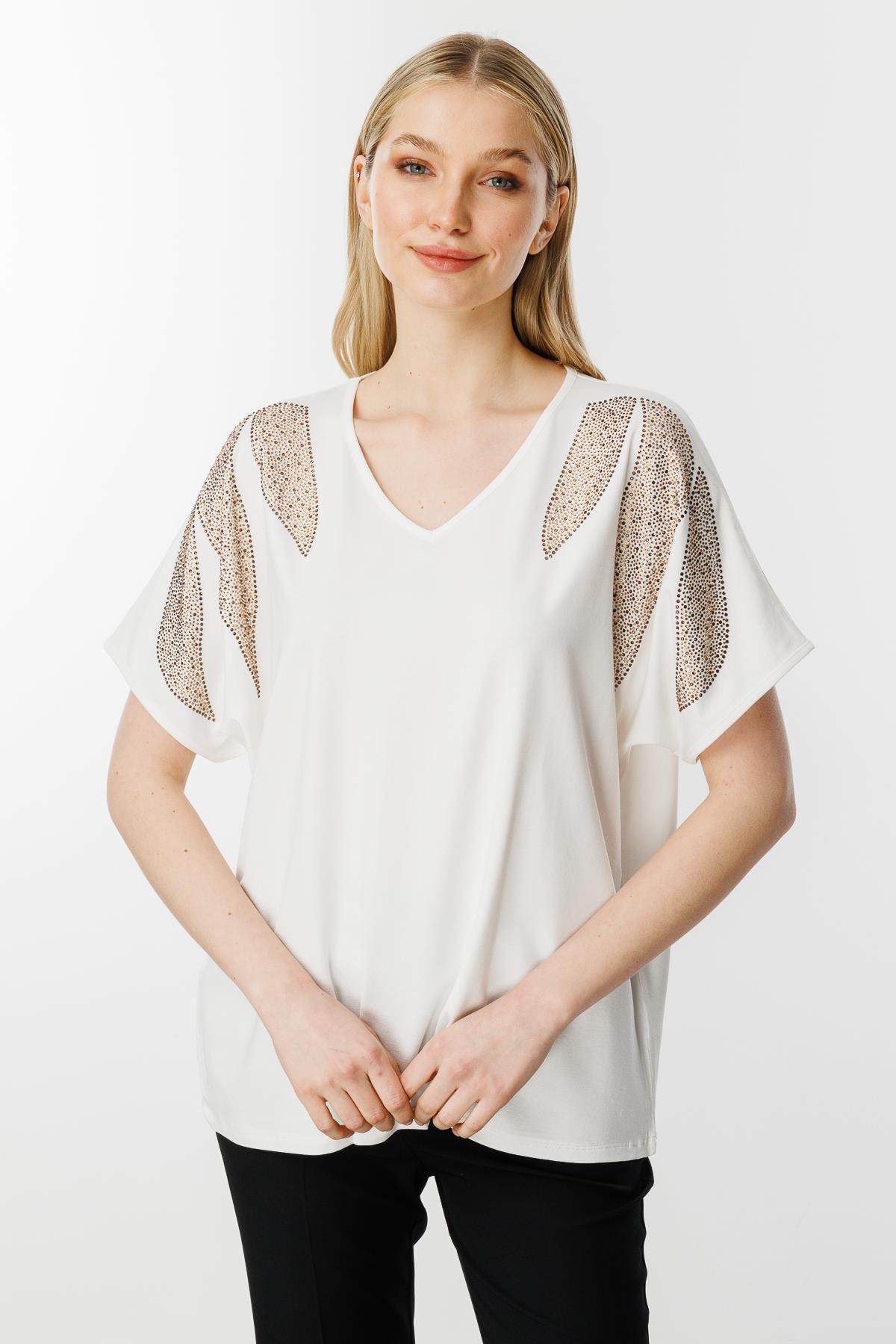 Mutlu Ertan Kadın Omuz Taşlı Kısa Kollu Bluz (26YSL8347) Ekru 30346