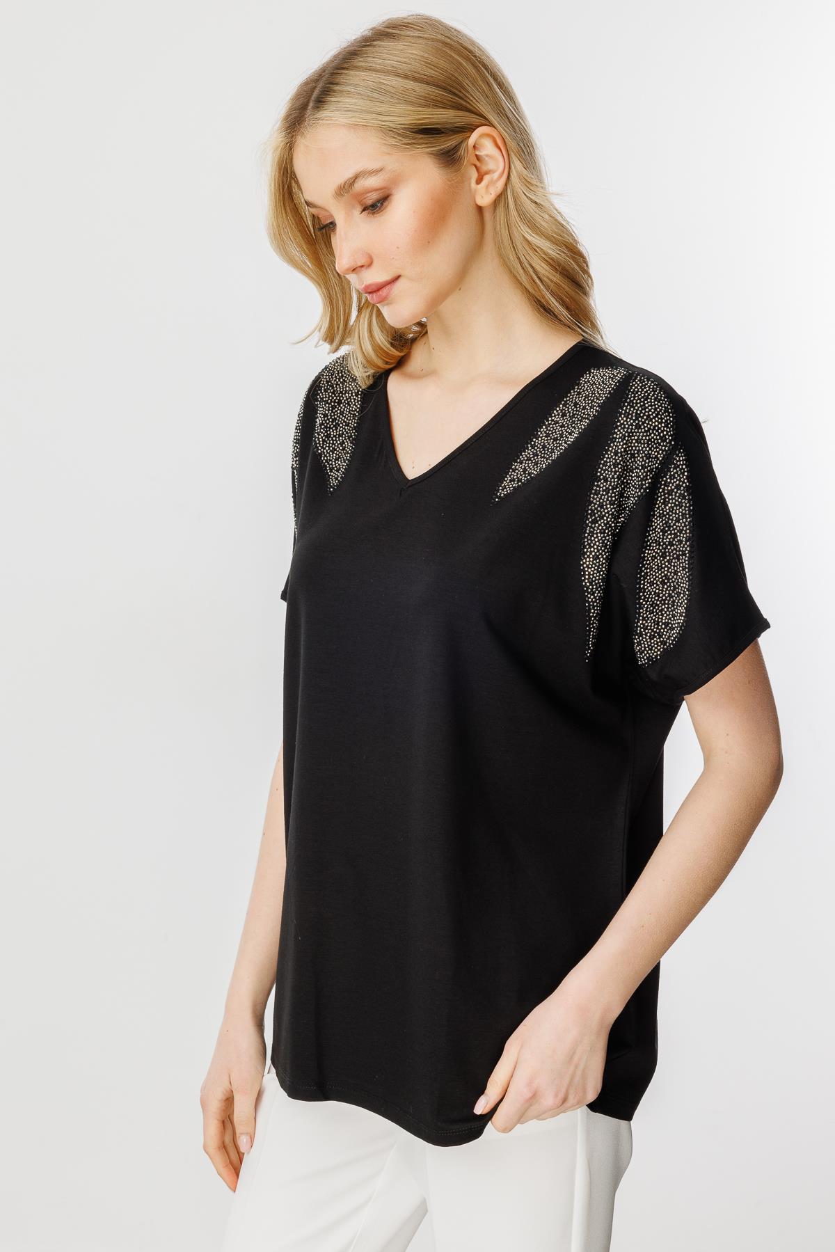 Mutlu Ertan Kadın Omuz Taşlı Kısa Kollu Bluz (26YSL8347) Siyah 30346