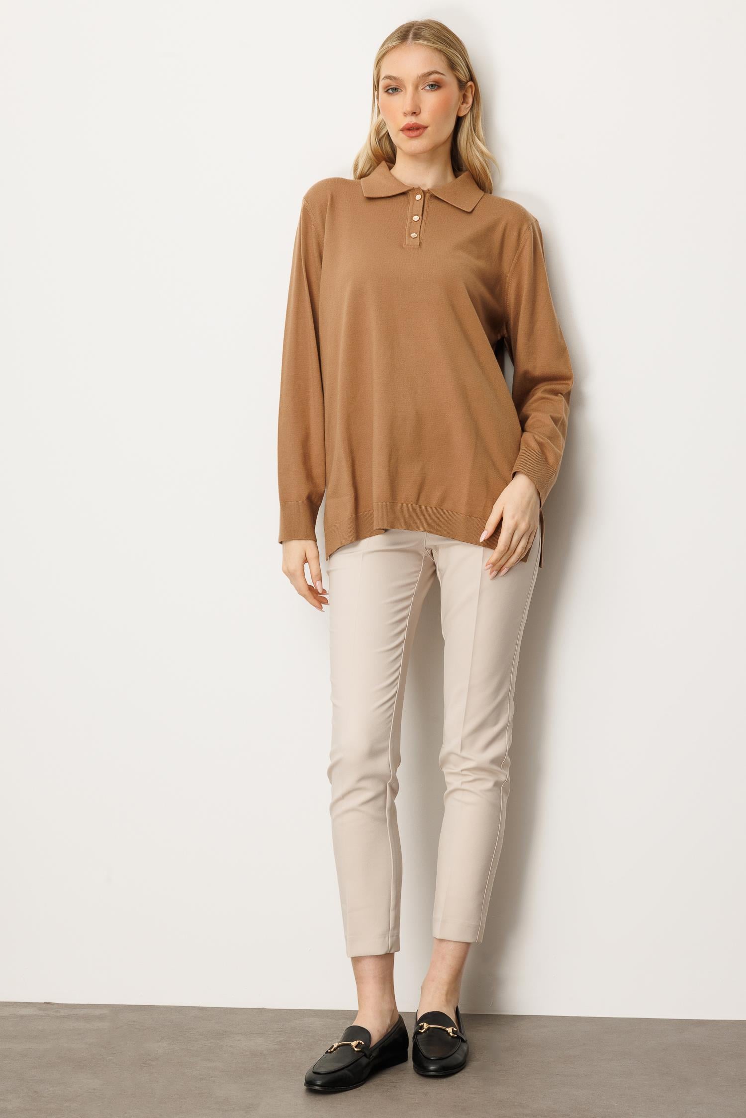 Mutlu Ertan Kadın Polo Yaka Triko Bluz Camel 20254