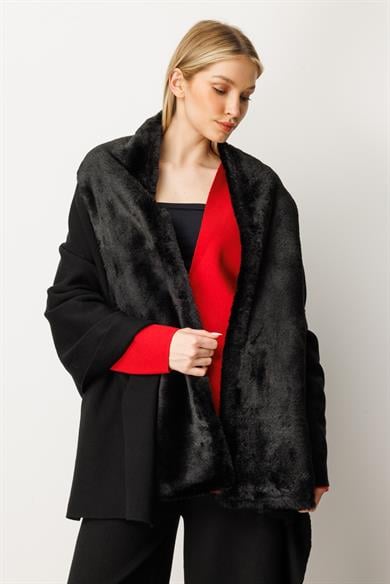 Mutlu Ertan Kadın Kürk Kombinli Şal Siyah 20219