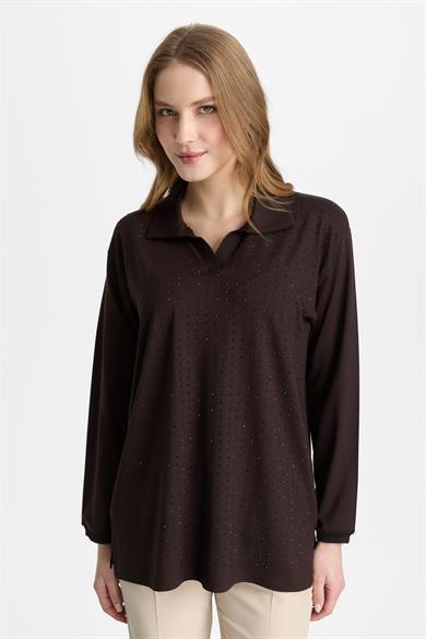 Mutlu Ertan Kadın Polo Yaka Taşlı Bluz Kahve 30457