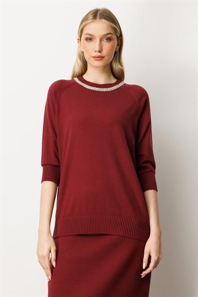 Mutlu Ertan Kadın Yaka Taş Detaylı Truvakar Kol Triko Bluz Bordo 20229