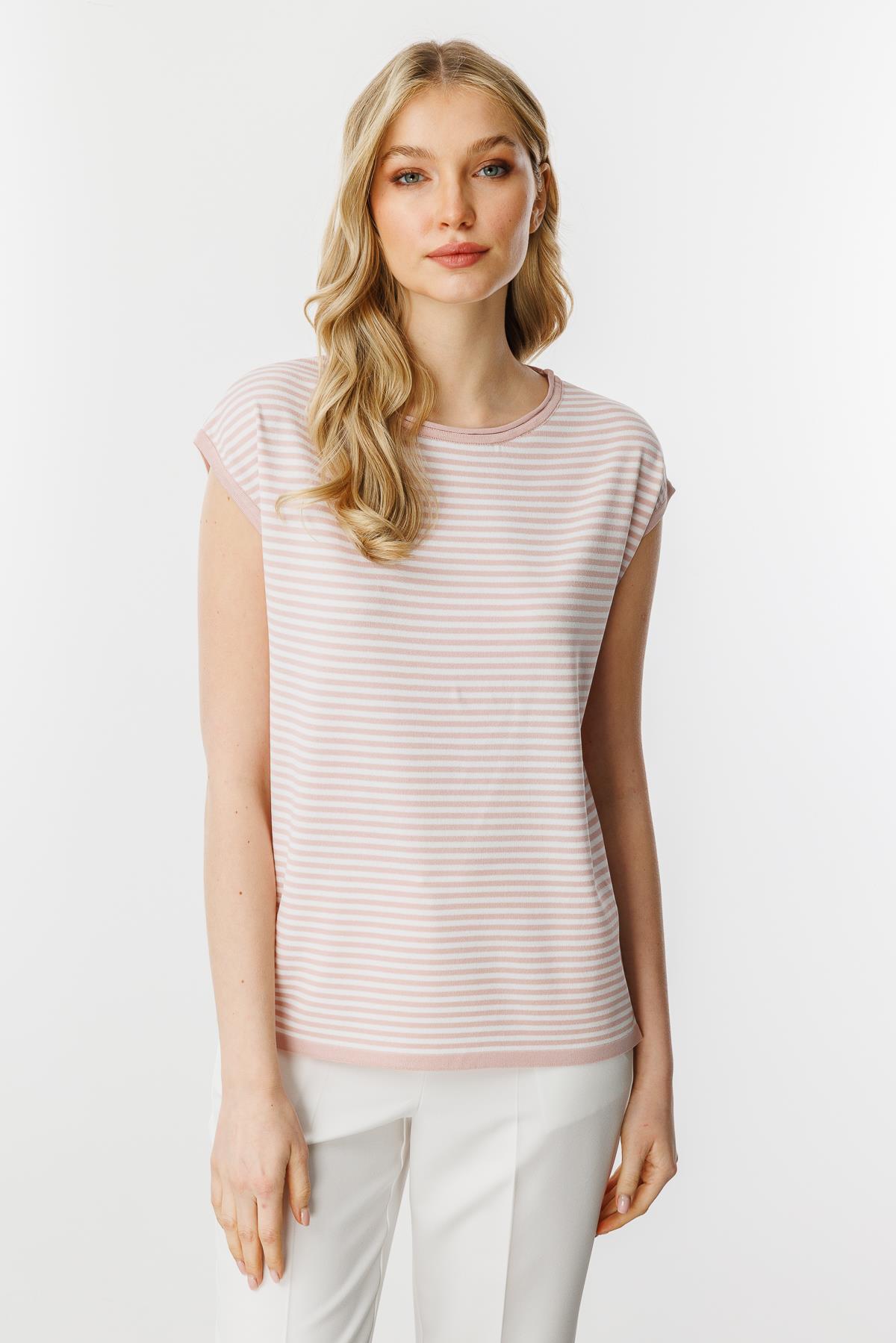 Mutlu Ertan Kadın Çizgili Basic Triko Bluz Pudra - Ekru 20187