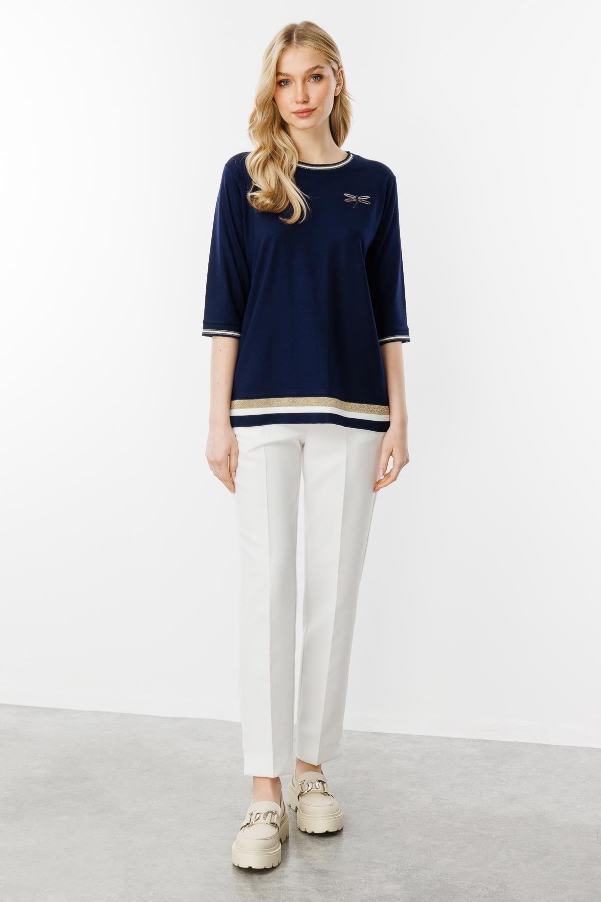Mutlu Ertan Kadın Truvakar Kol Ribana Detaylı Penye Bluz Lacivert 30334