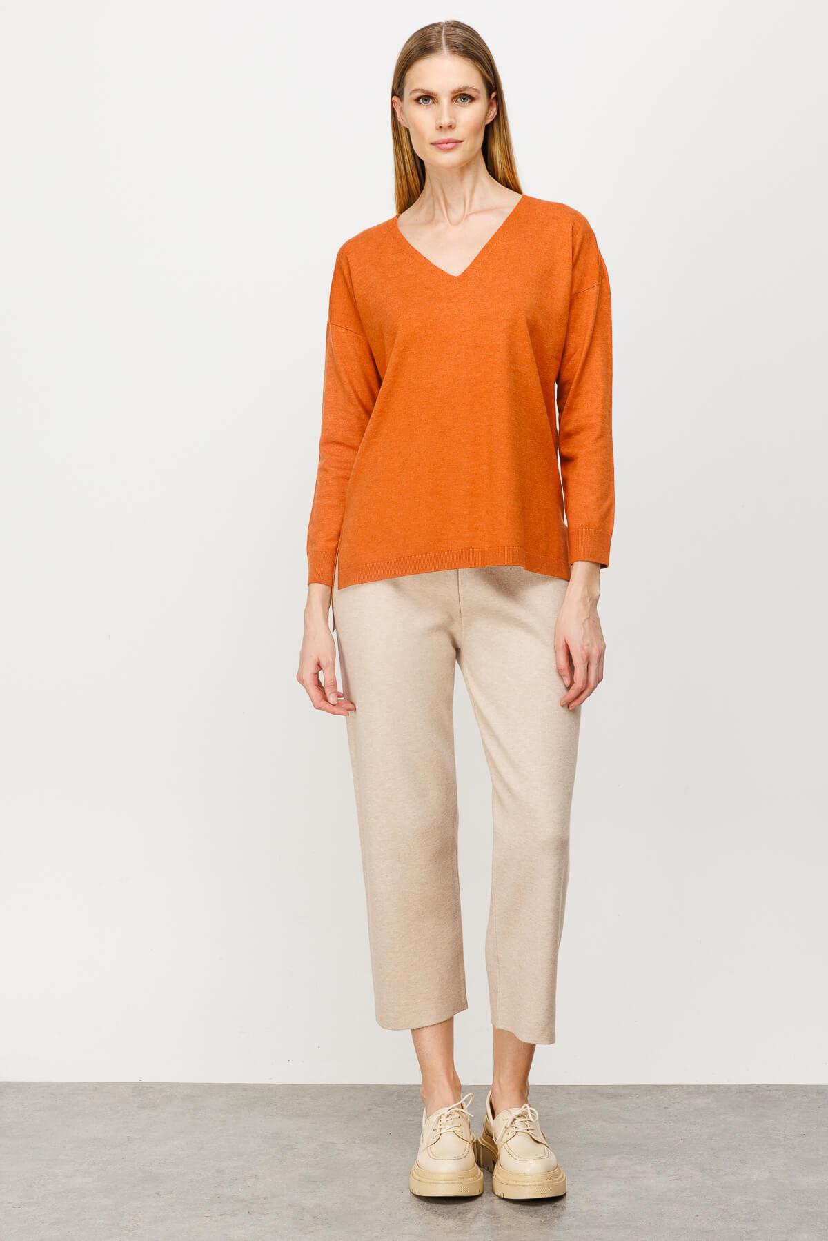 Mutlu Ertan Kadın V Yaka Basic Triko Bluz Turuncu 20061