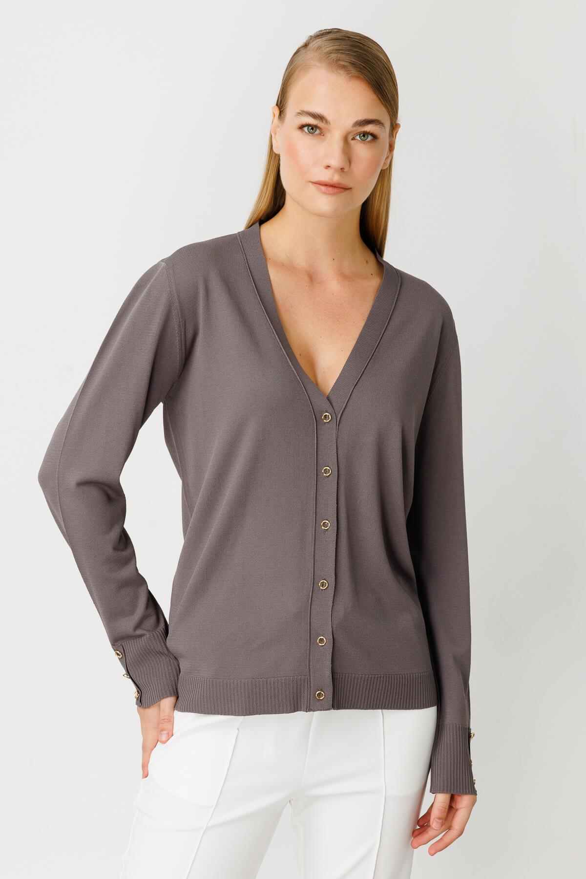 Mutlu Ertan Kadın V Yaka Basic Triko Hırka Fume 20114