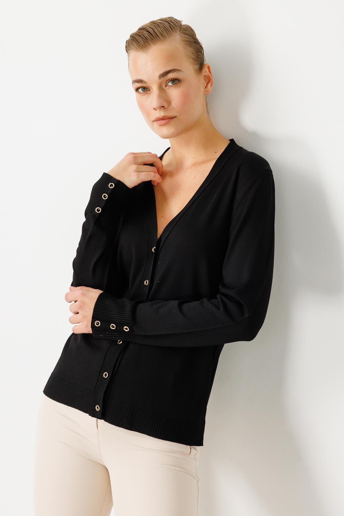 Mutlu Ertan Kadın V Yaka Basic Triko Hırka Siyah 20114